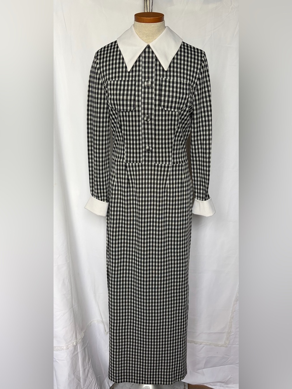 Vintage 70s Gingham Maxi Dress Mod Statement Collar Cuffs Black White